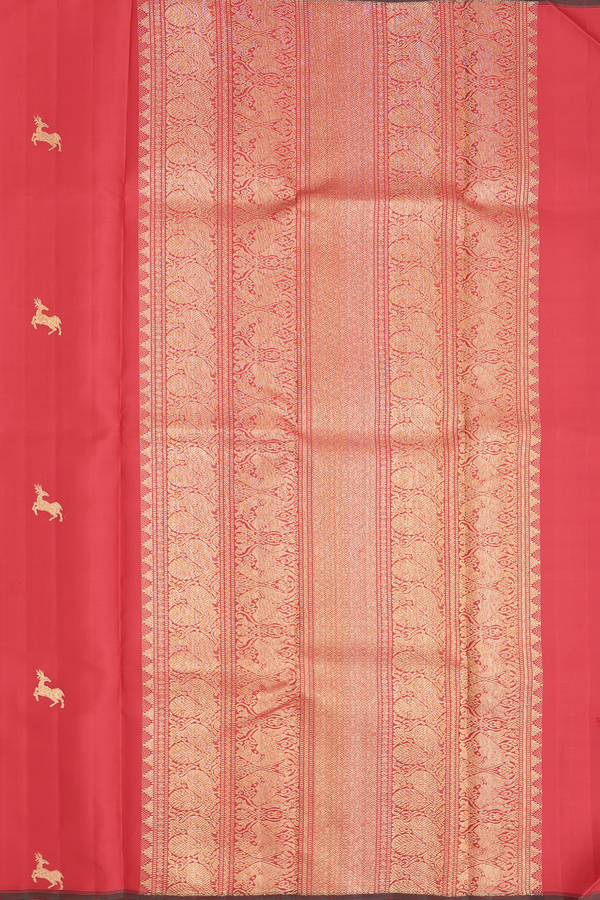 Kanchipuram Silk Saree In Scarlet Red With Deer Buttas