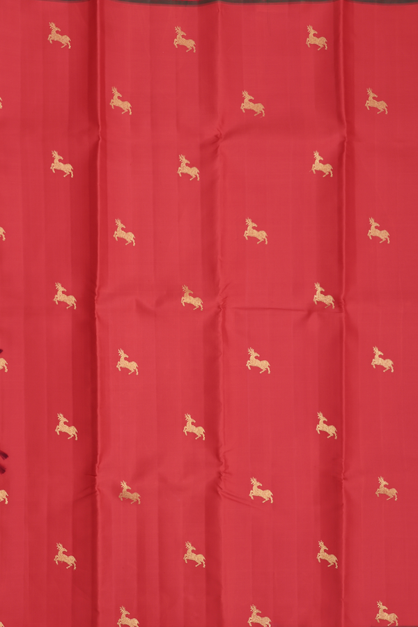 Kanchipuram Silk Saree In Scarlet Red With Deer Buttas