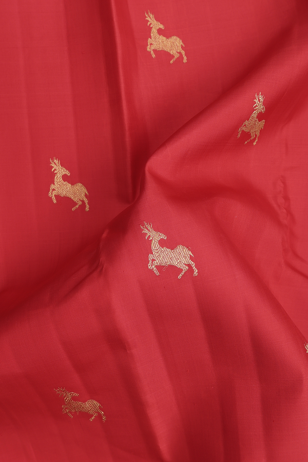 Kanchipuram Silk Saree In Scarlet Red With Deer Buttas
