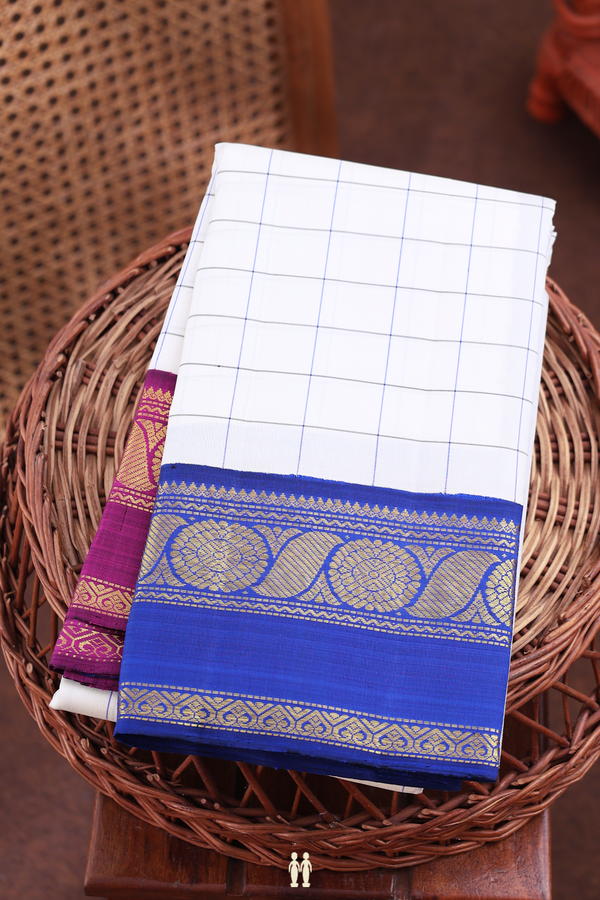 Kanchipuram Silk Saree In White With Checks Design