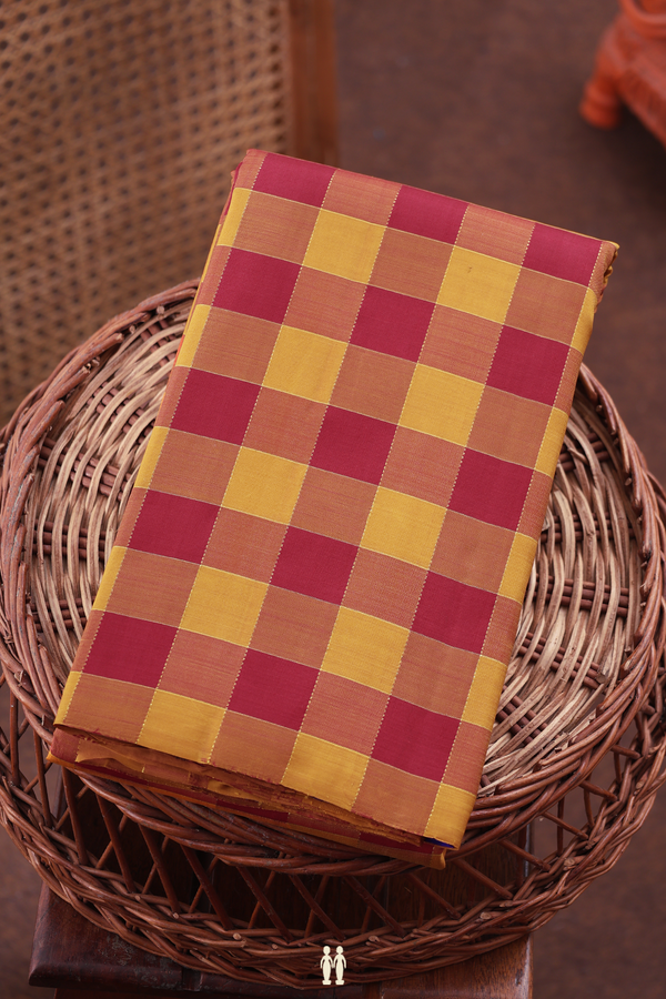 Kanchipuram Silk Saree In Red And Orange With Checks Design