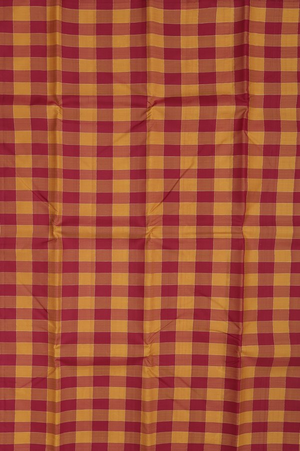 Kanchipuram Silk Saree In Red And Orange With Checks Design