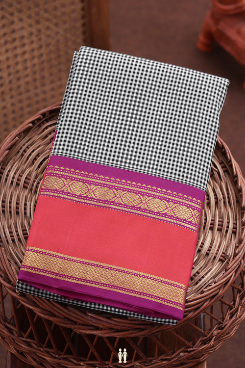 Kanchipuram Silk Saree In Black And White With Checks Design