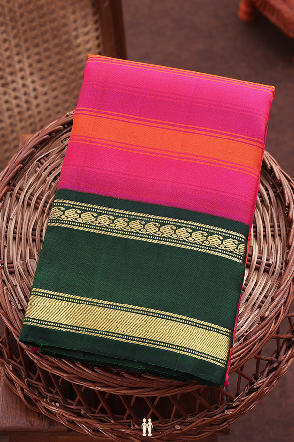 Kanchipuram Silk Saree Pink And Orange With Stripes Design
