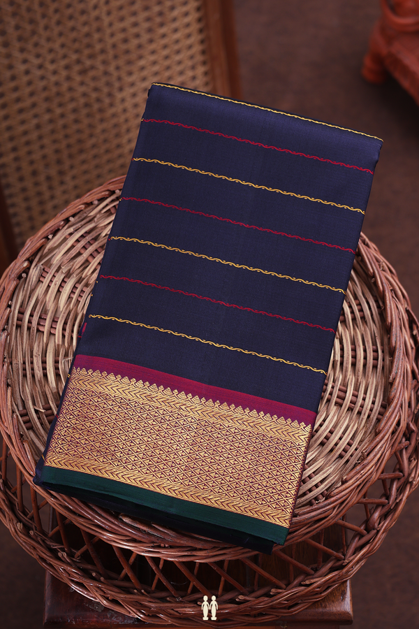 Kanchipuram Silk Saree In Navy Blue With Stripes Design