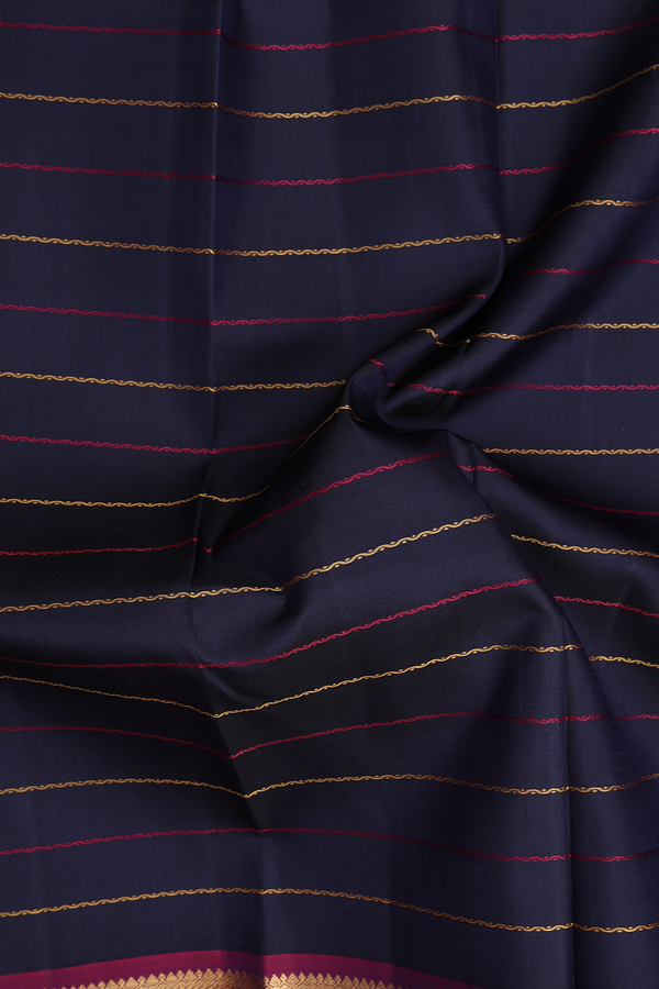 Kanchipuram Silk Saree In Navy Blue With Stripes Design