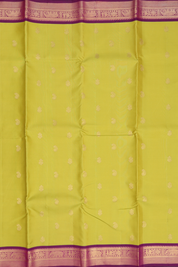 Kanchipuram Silk Saree In Olive Yellow With Paisley Buttas