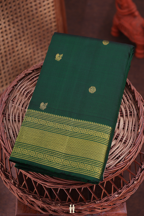 Kanchipuram Silk Saree In Forest Green With Peacock Buttas
