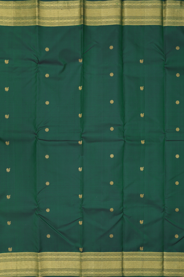 Kanchipuram Silk Saree In Forest Green With Peacock Buttas
