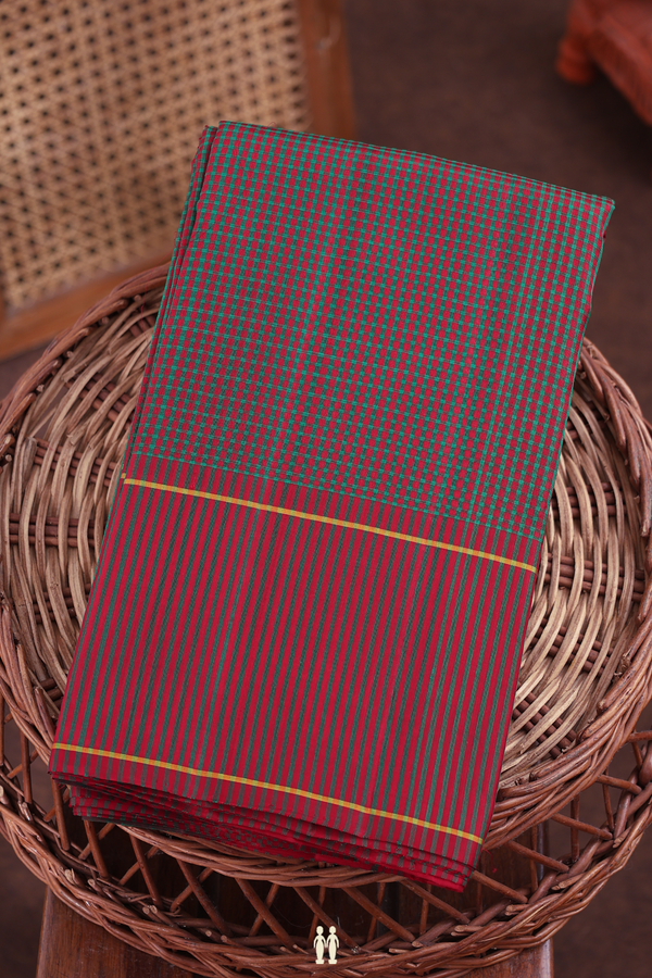 Koorainadu Silk Cotton Saree In Green And Red With Checks