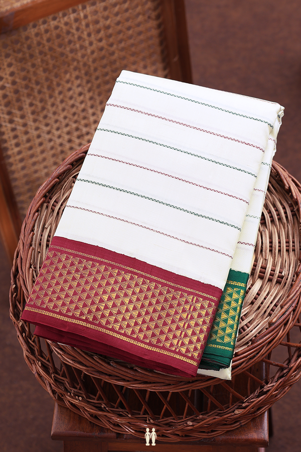 Kanchipuram Silk Saree In White With Stripes Design