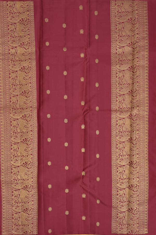 Kanchipuram Silk Saree In Saffron Yellow With Threadwork Buttas