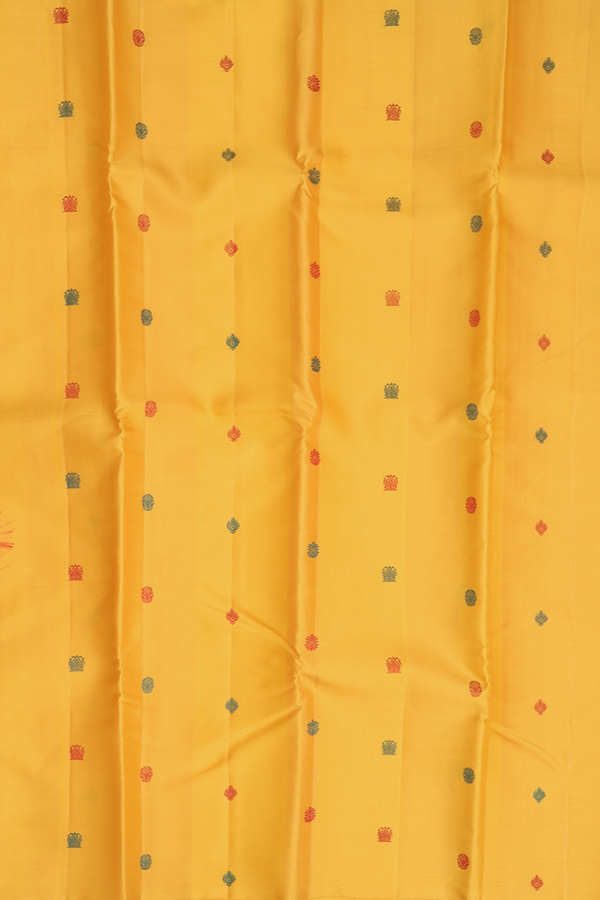 Kanchipuram Silk Saree In Saffron Yellow With Threadwork Buttas