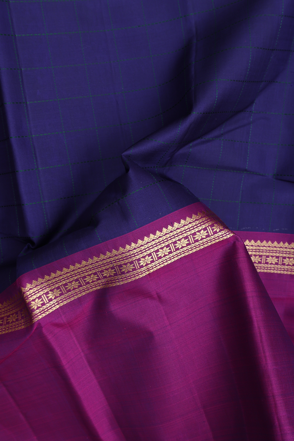 Kanchipuram Silk Saree In Navy Blue With Checks Design