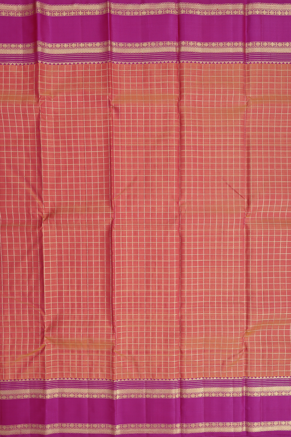Kanchipuram Silk Saree In Coral Pink With Checks Design