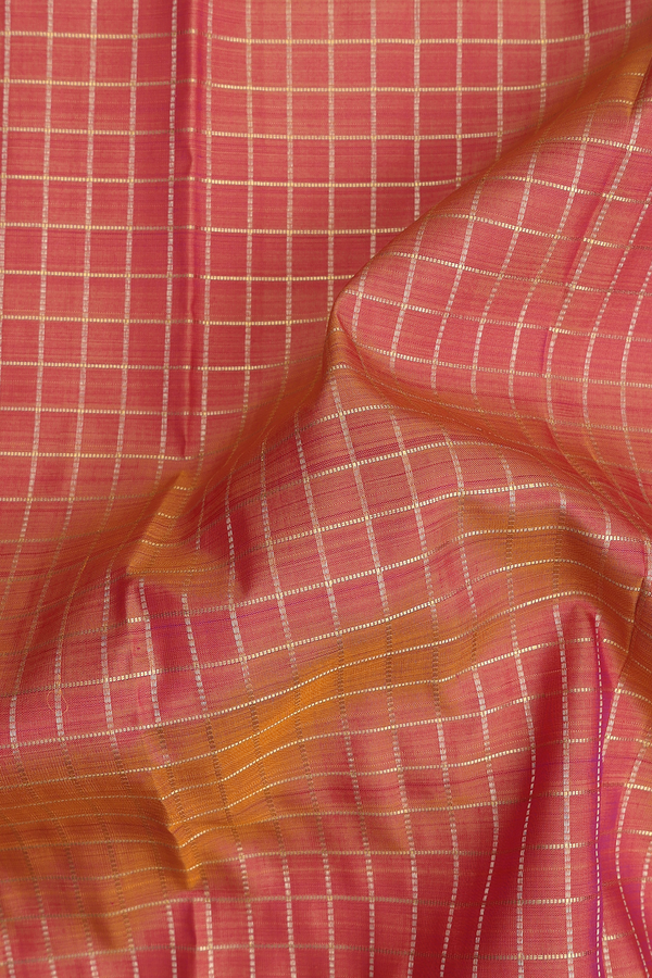 Kanchipuram Silk Saree In Coral Pink With Checks Design
