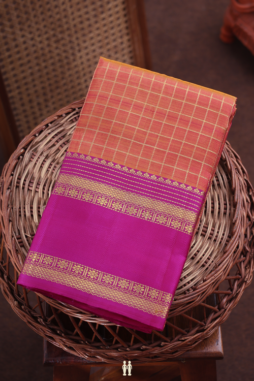 Kanchipuram Silk Saree In Coral Pink With Checks Design