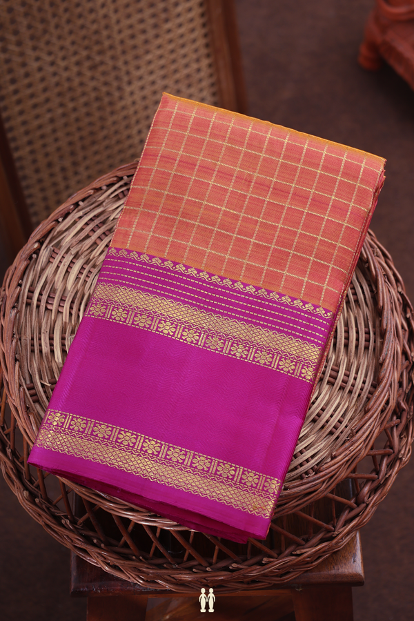 Kanchipuram Silk Saree In Coral Pink With Checks Design