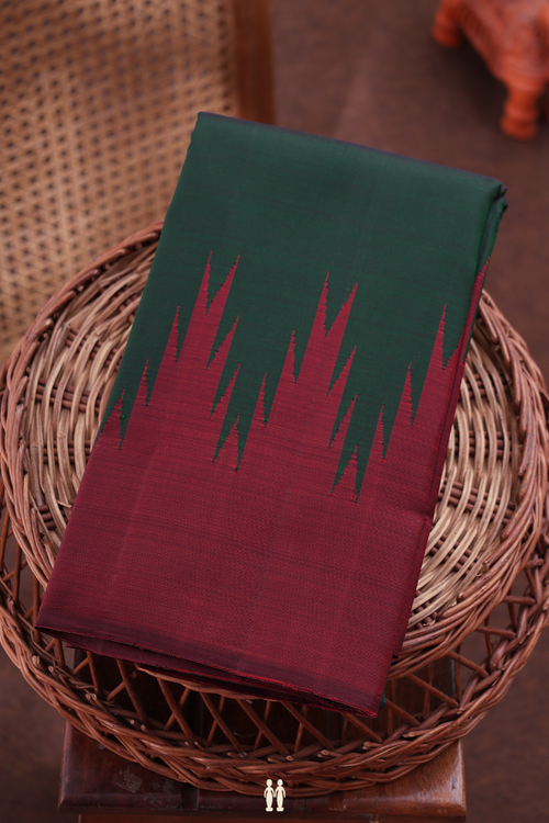 Kanchipuram Silk Saree In Forest Green With Temple Border