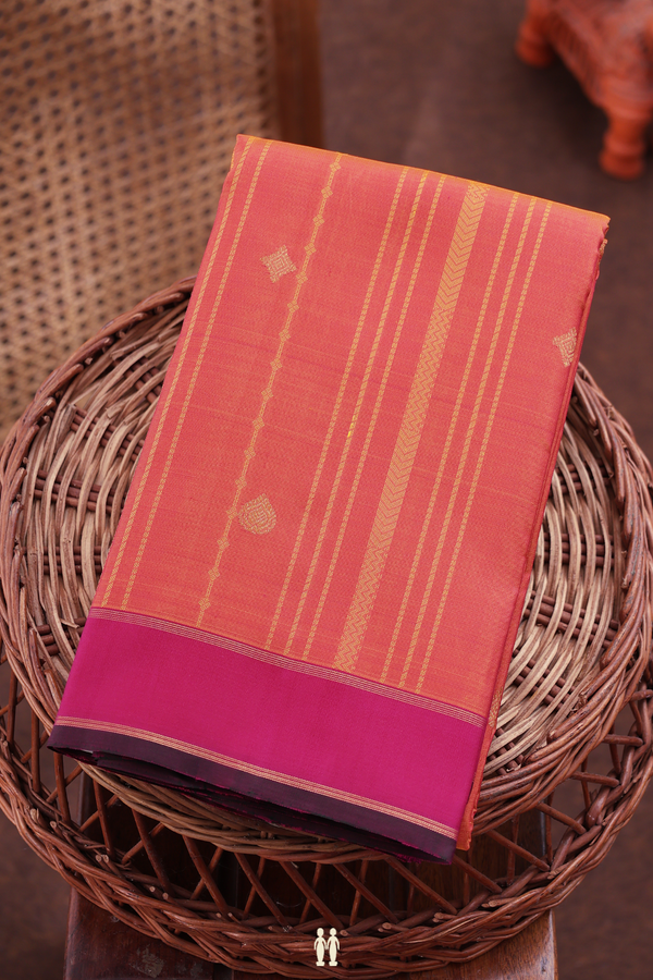 Kanchipuram Silk Saree In Coral Orange With Stripes Design