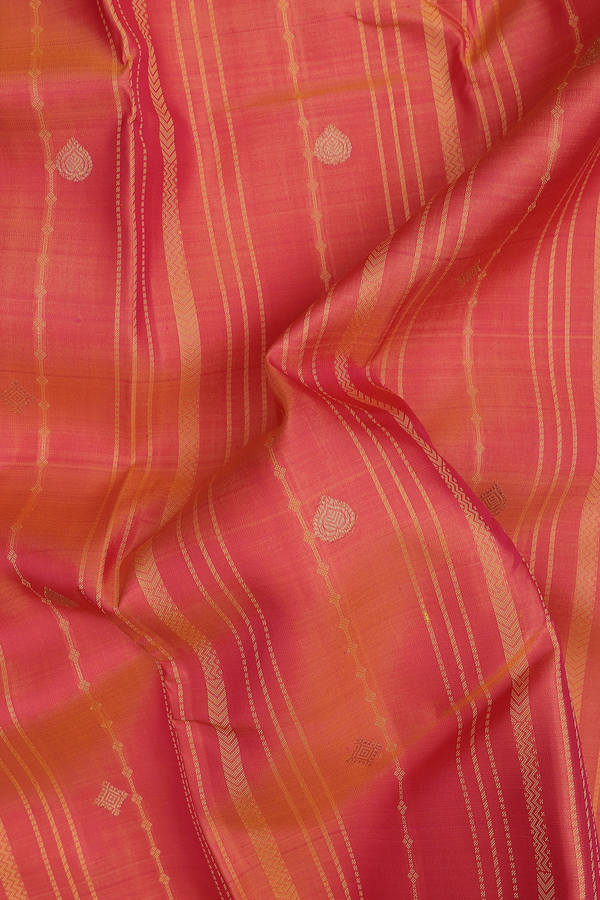 Kanchipuram Silk Saree In Coral Orange With Stripes Design