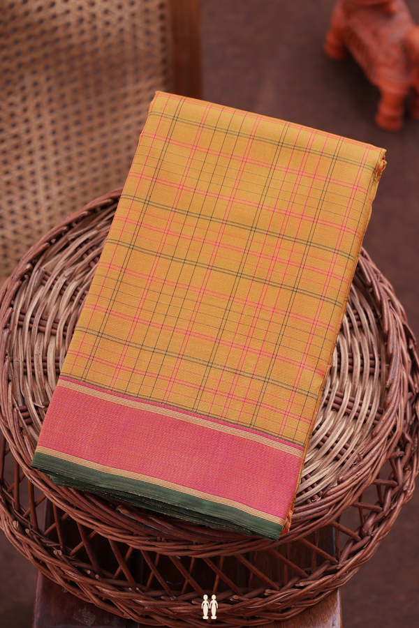 Kanchipuram Silk Saree In Yellow With Checks Design