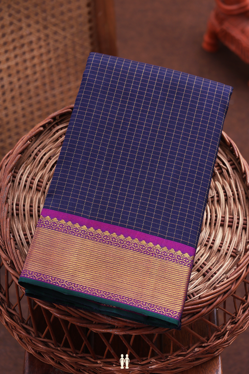 Kanchipuram Silk Saree In Navy Blue With Checks Design