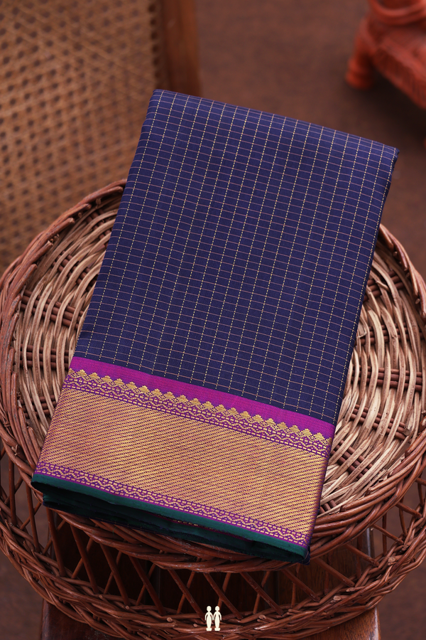 Kanchipuram Silk Saree In Navy Blue With Checks Design
