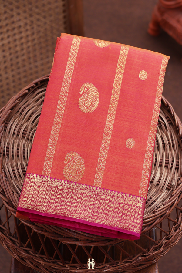 Kanchipuram Silk Saree In Coral Pink With Paisley Design