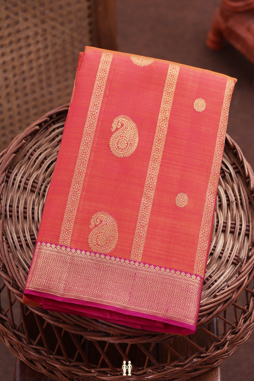 Kanchipuram Silk Saree In Coral Pink With Paisley Design