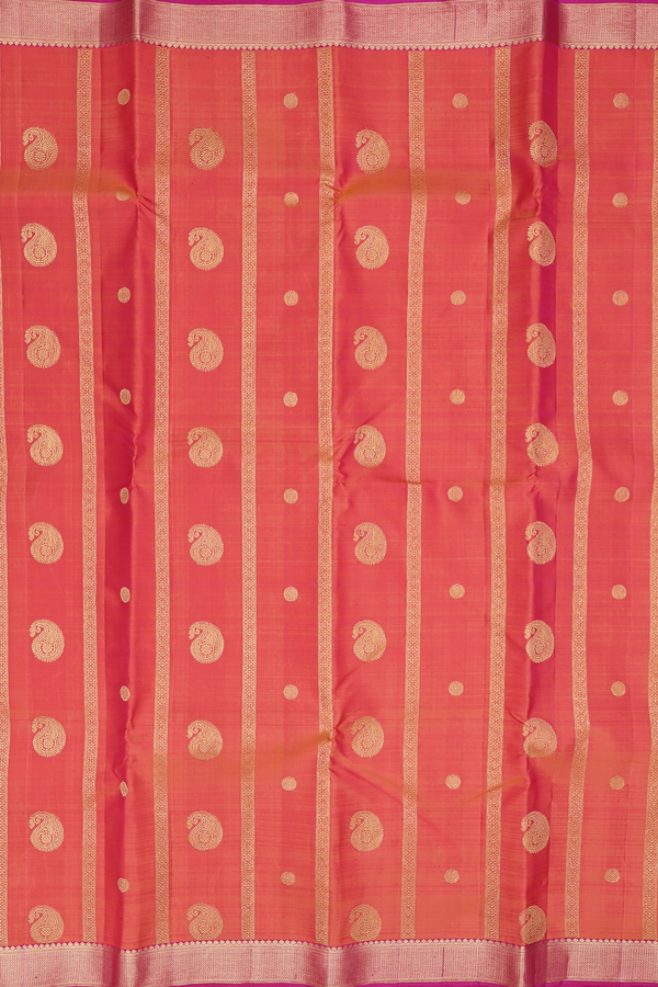 Kanchipuram Silk Saree In Coral Pink With Paisley Design