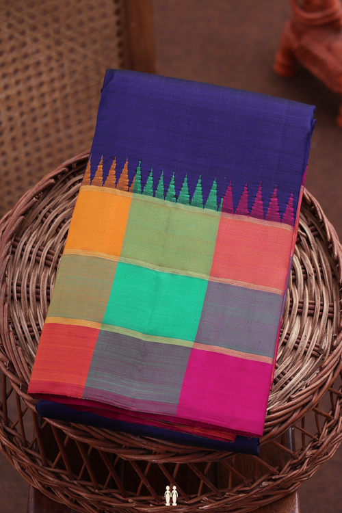 Kanchipuram Silk Saree In Royal Blue With Checks Border