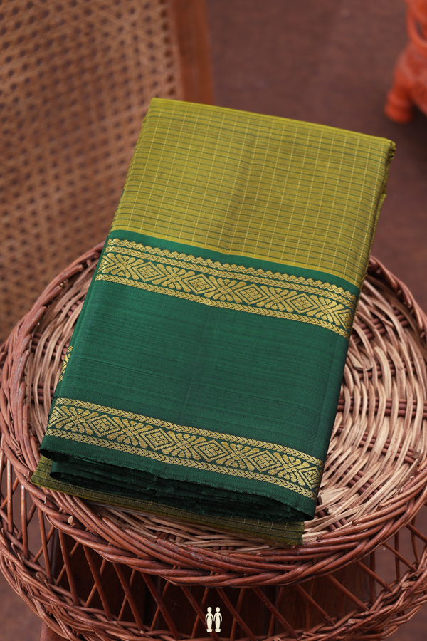 Kanchipuram Silk Saree In Olive Green With Checks Design
