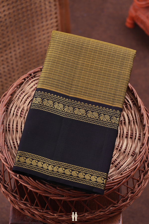 Kanchipuram Silk Saree In Greenish Brown With Checks Design