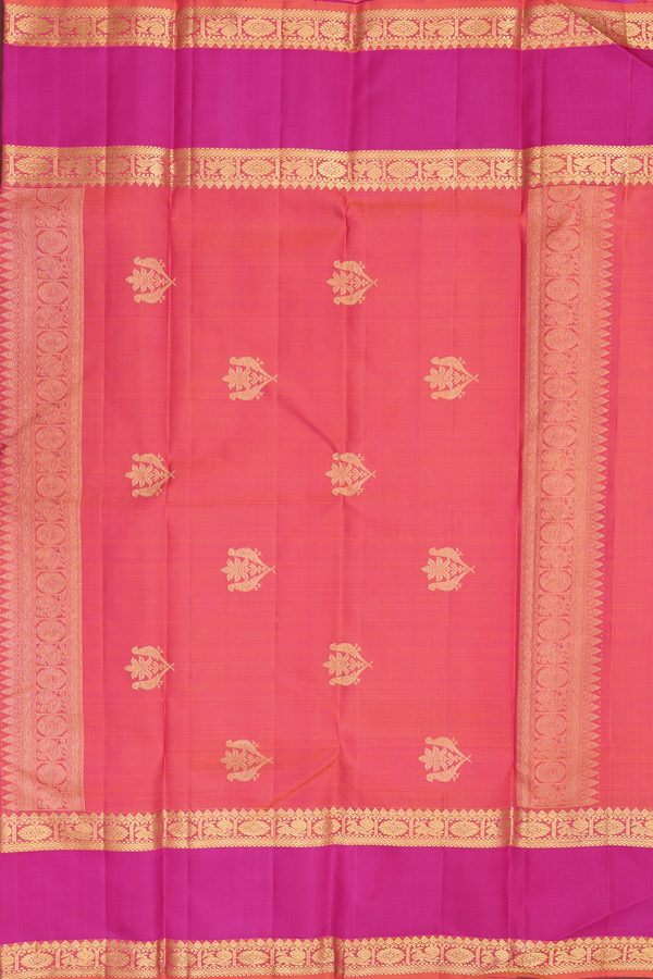 Kanchipuram Silk Saree In Coral Pink With Chakram Buttas