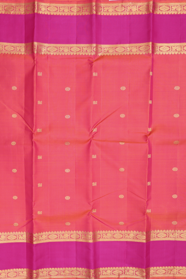 Kanchipuram Silk Saree In Coral Pink With Chakram Buttas