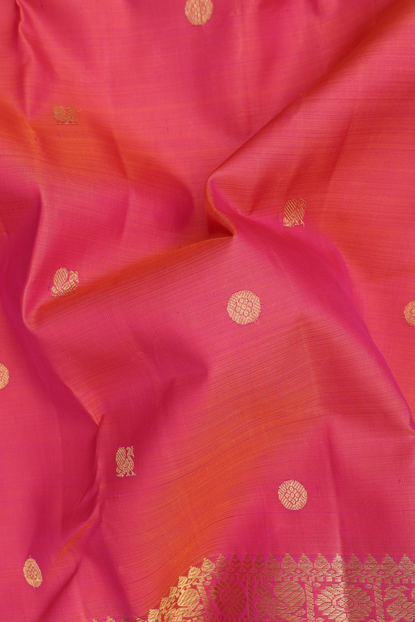 Kanchipuram Silk Saree In Coral Pink With Chakram Buttas