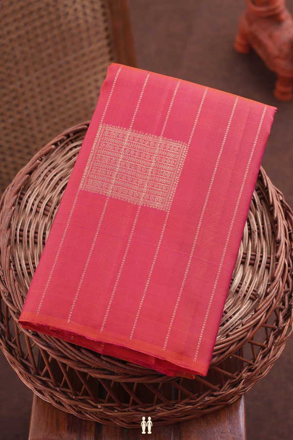 Kanchipuram Silk Saree In Coral Pink With Stripes Design