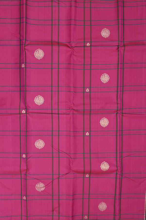 Kanchipuram Silk Saree In Pink Along Checks With Buttas