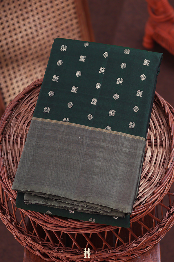 Kanchipuram Silk Saree In Forest Green With Peacock Buttas