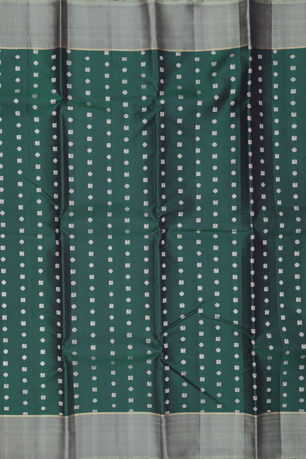 Kanchipuram Silk Saree In Forest Green With Peacock Buttas