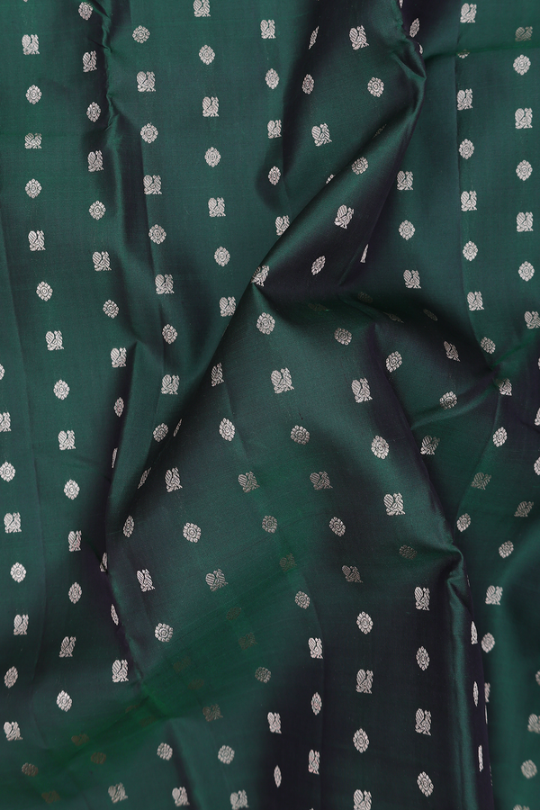 Kanchipuram Silk Saree In Forest Green With Peacock Buttas