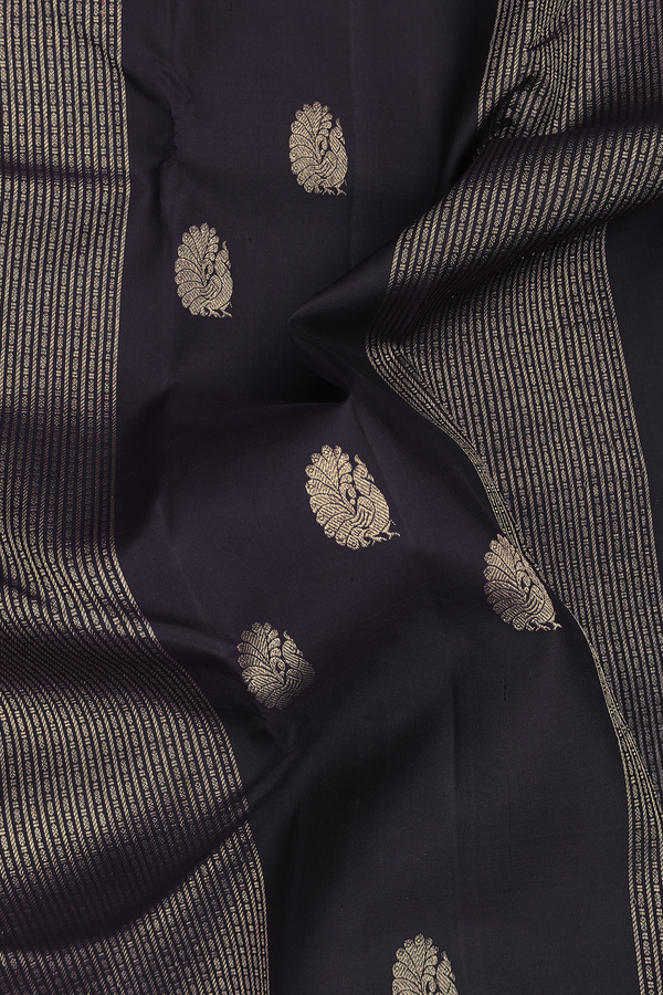 Kanchipuram Silk Saree In Black Along Stripes With Buttas