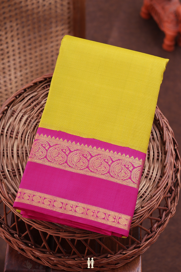 Kanchipuram Silk Saree In Olive Yellow With Korvai Border