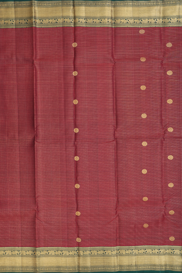 Kanchipuram Silk Saree In Maroon Along Checks With Buttas