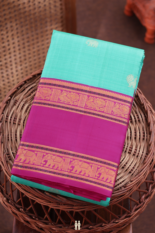Kanchipuram Silk Saree Turquoise Green With Elephant Buttas