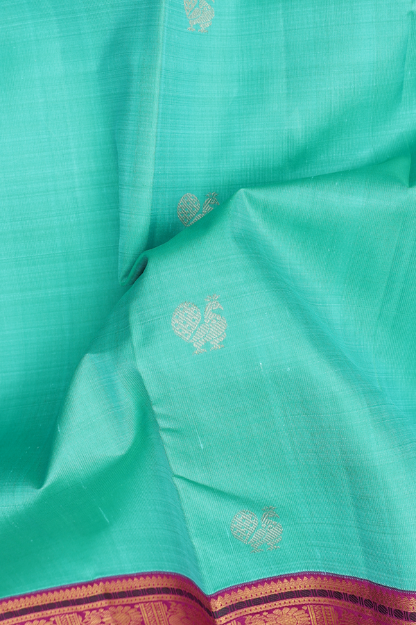 Kanchipuram Silk Saree Turquoise Green With Elephant Buttas