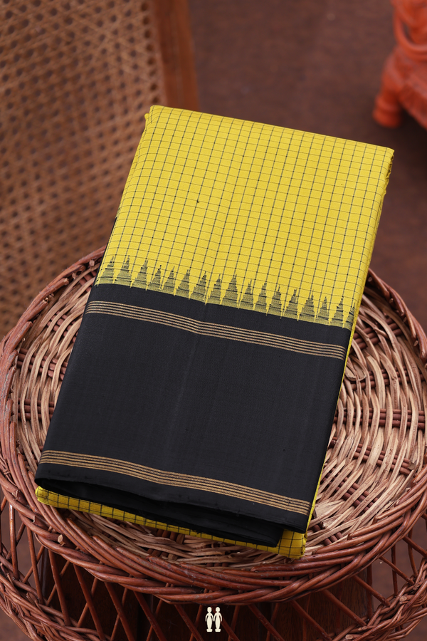 Kanchipuram Silk Saree In Sunflower Yellow With Checks Design