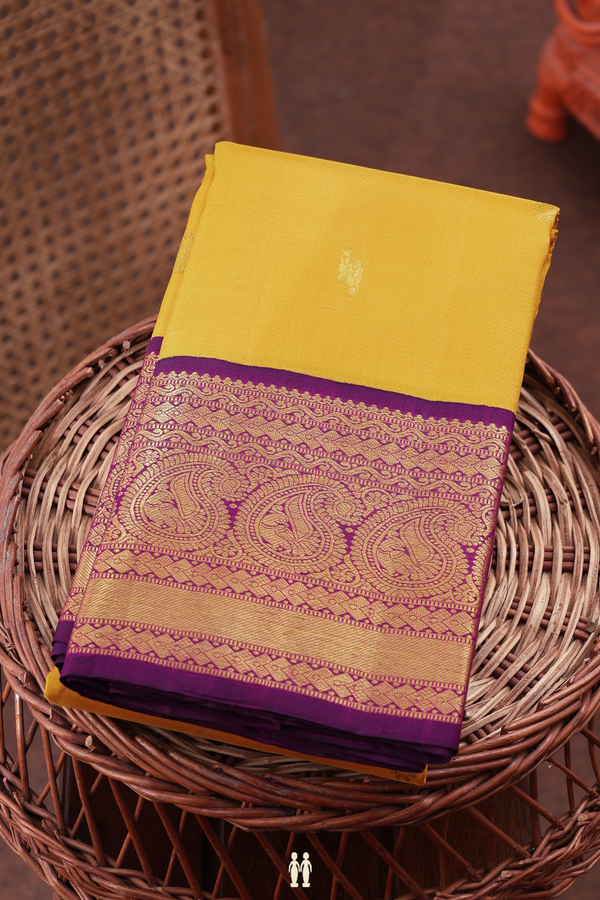 Kanchipuram Silk Saree In Mustard Yellow With Floral Buttas
