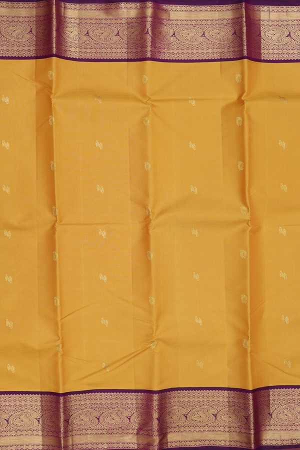Kanchipuram Silk Saree In Mustard Yellow With Floral Buttas